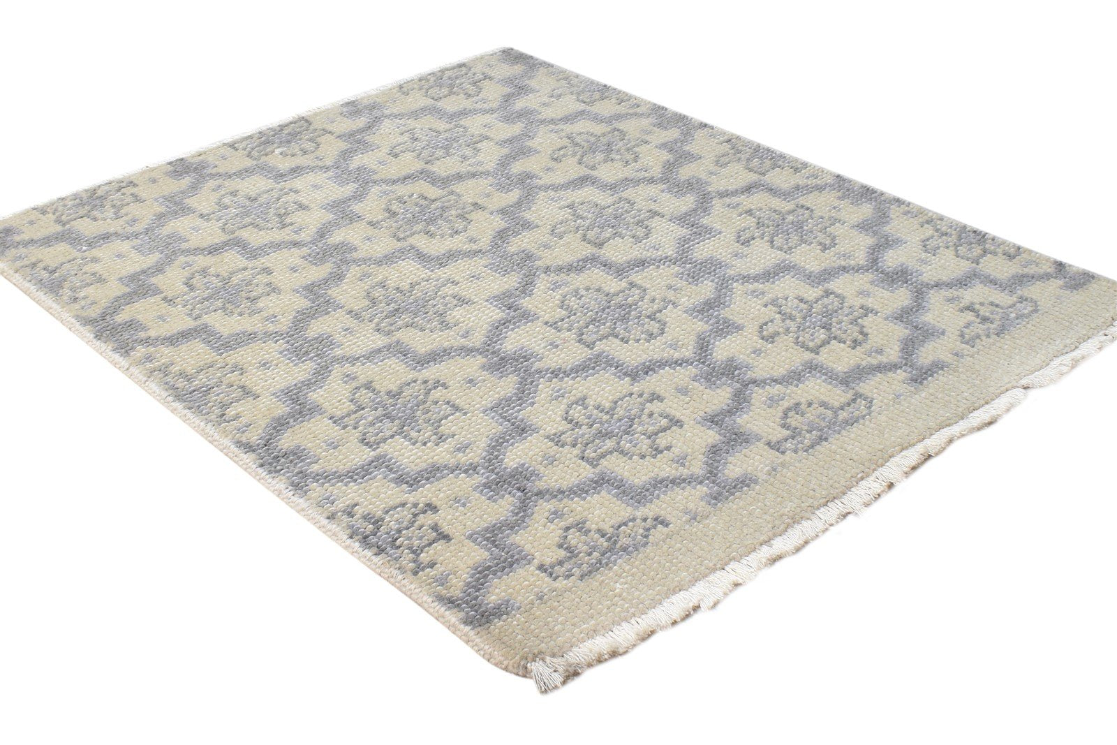 Hand Knotted Beige Wool Rug 2' X 2' Modern Moroccan Trellis Small Carpet 