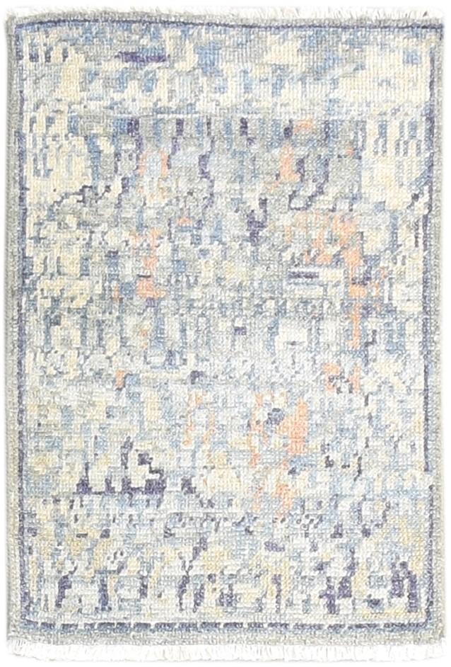 Grey Wool Silk Rug 2X3 Modern Hand Knotted Heriz-Indian Abstract Small Carpet 