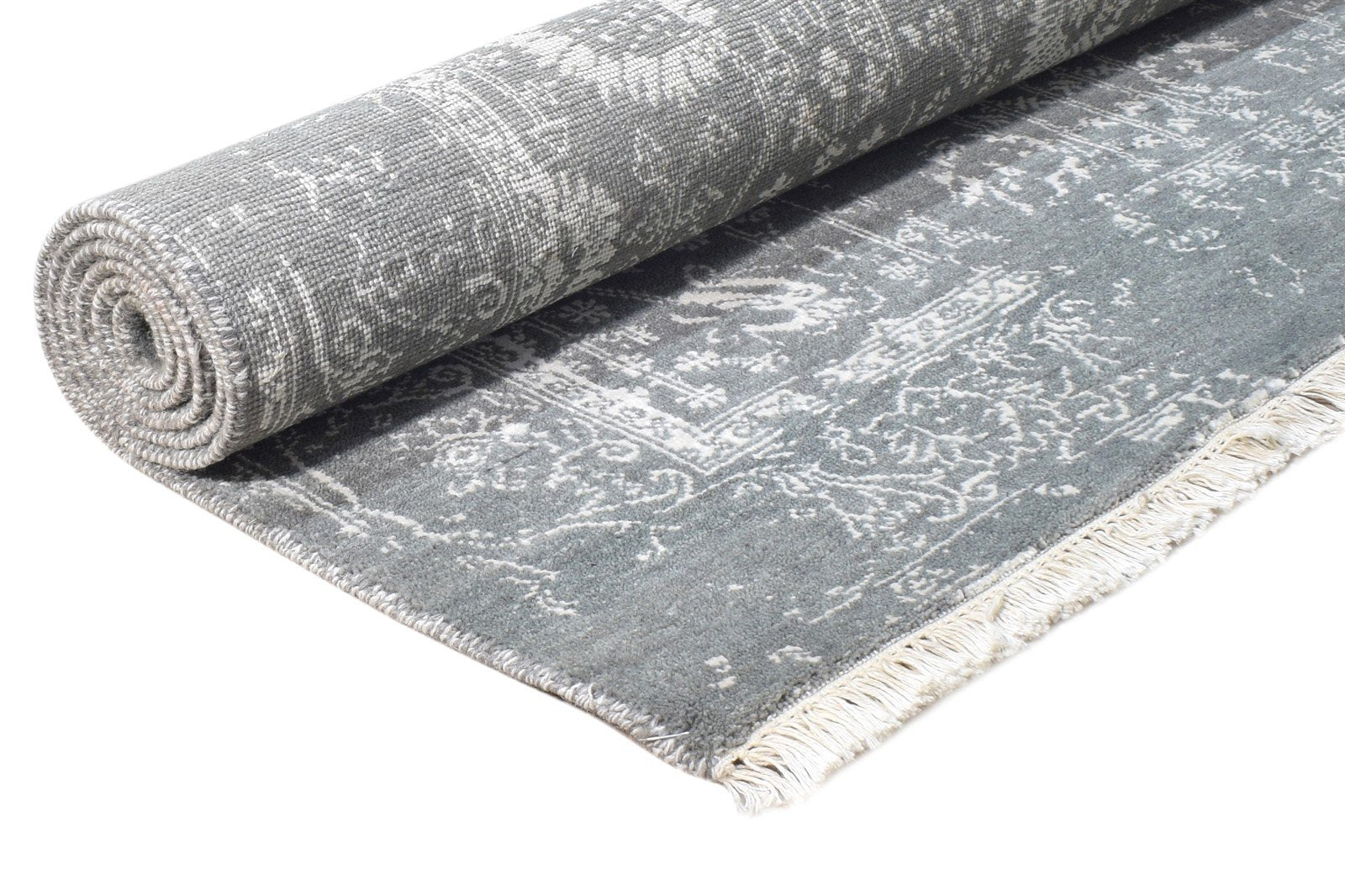 Wool / Silk Grey Rug 4X6 Modern Hand Knotted Oushak Abstract Room Size Carpet 