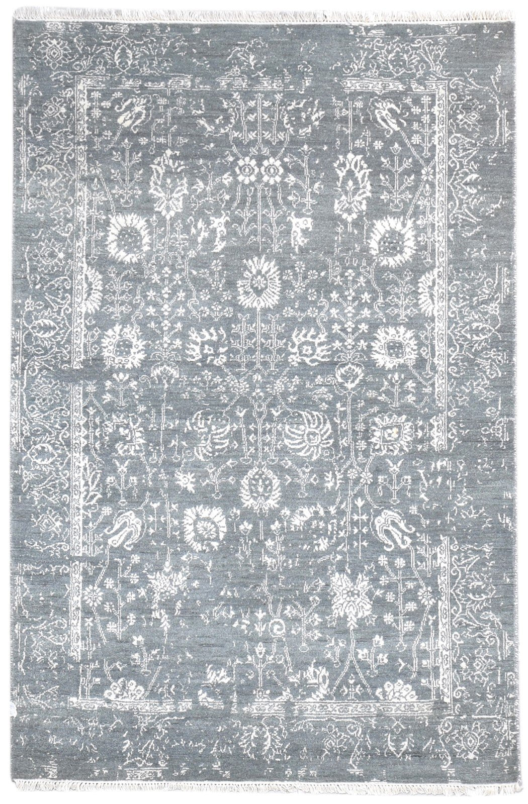 Wool / Silk Grey Rug 4X6 Modern Hand Knotted Oushak Abstract Room Size Carpet 