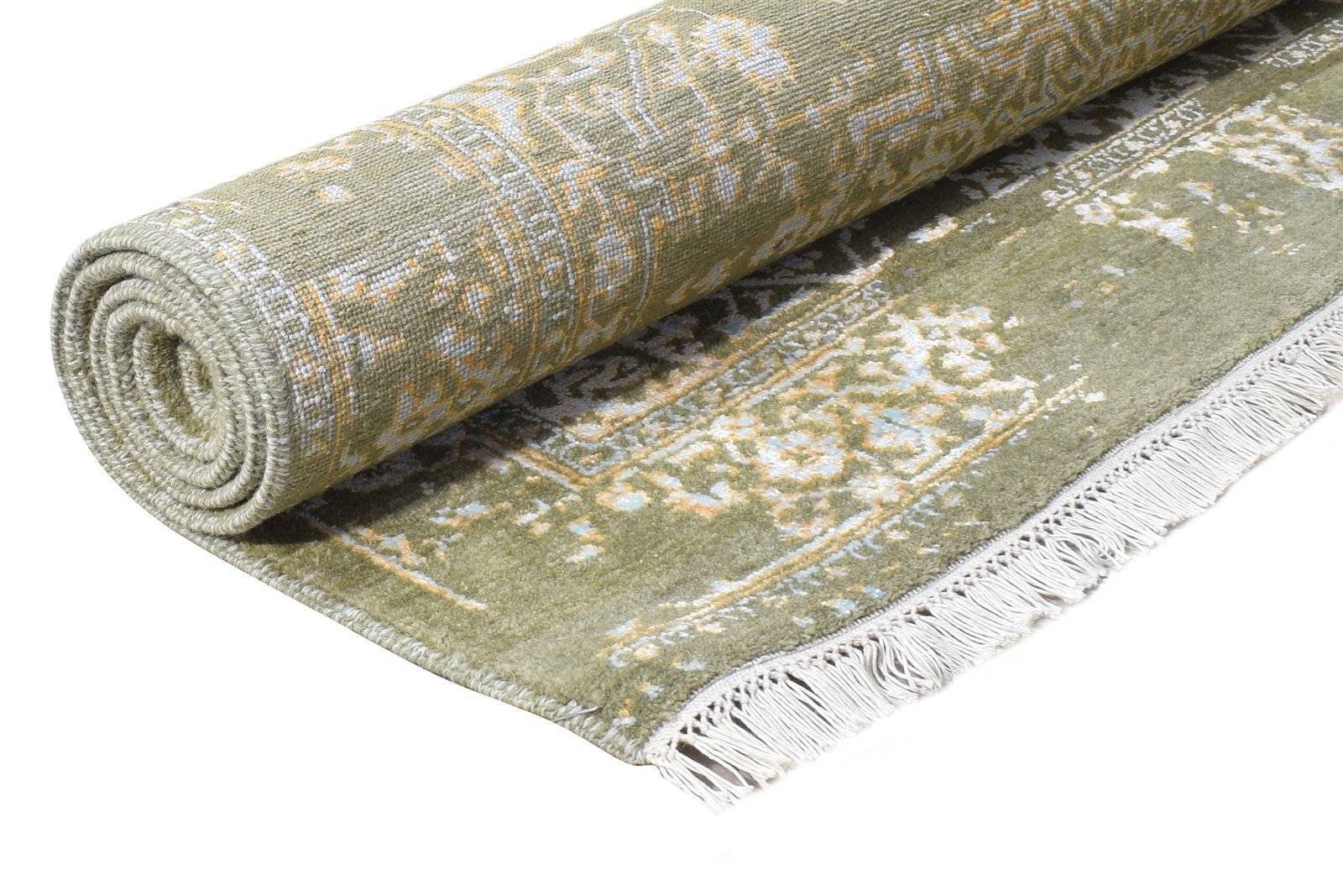 Hand Knotted Green Wool / Silk Rug 4X6 Modern Heriz-Indian Abstract Room Size  Area Rug 