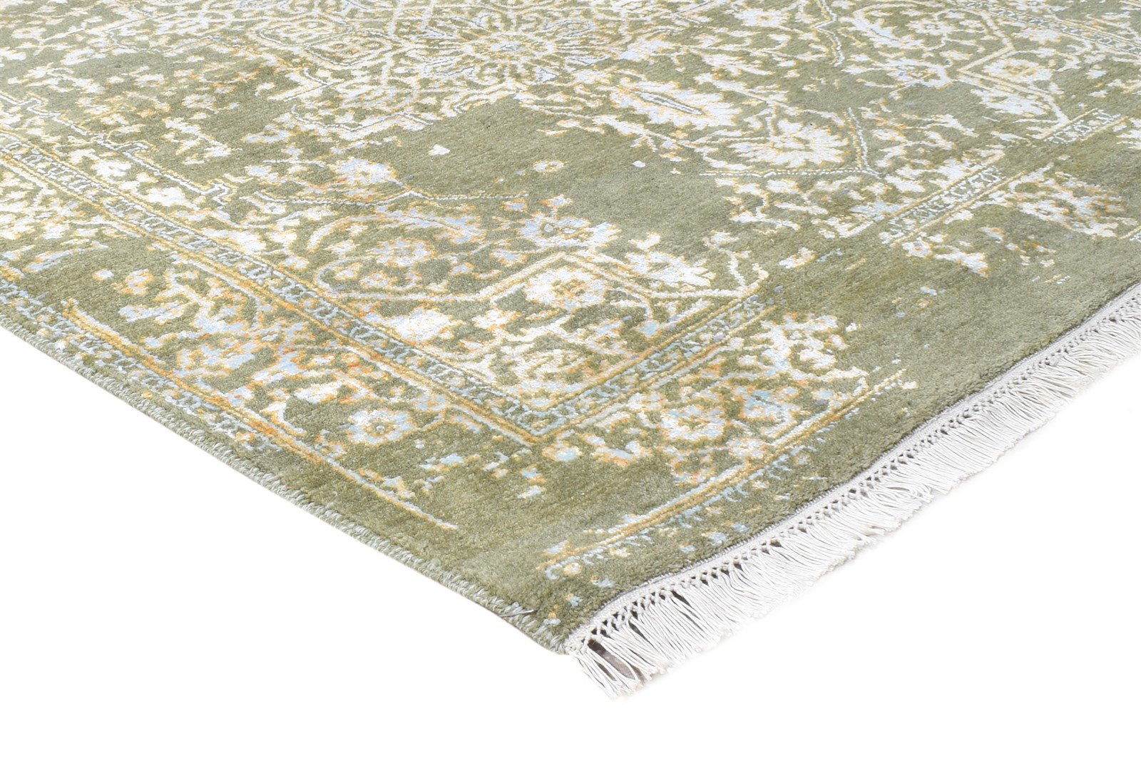 Hand Knotted Green Wool / Silk Rug 4X6 Modern Heriz-Indian Abstract Room Size  Area Rug 