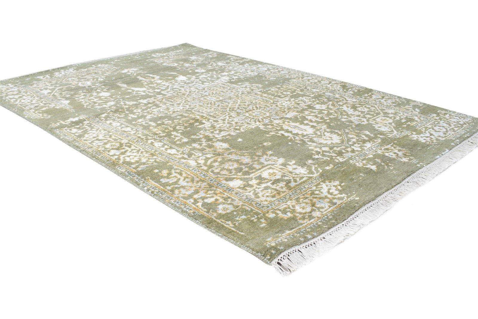 Hand Knotted Green Wool / Silk Rug 4X6 Modern Heriz-Indian Abstract Room Size  Area Rug 