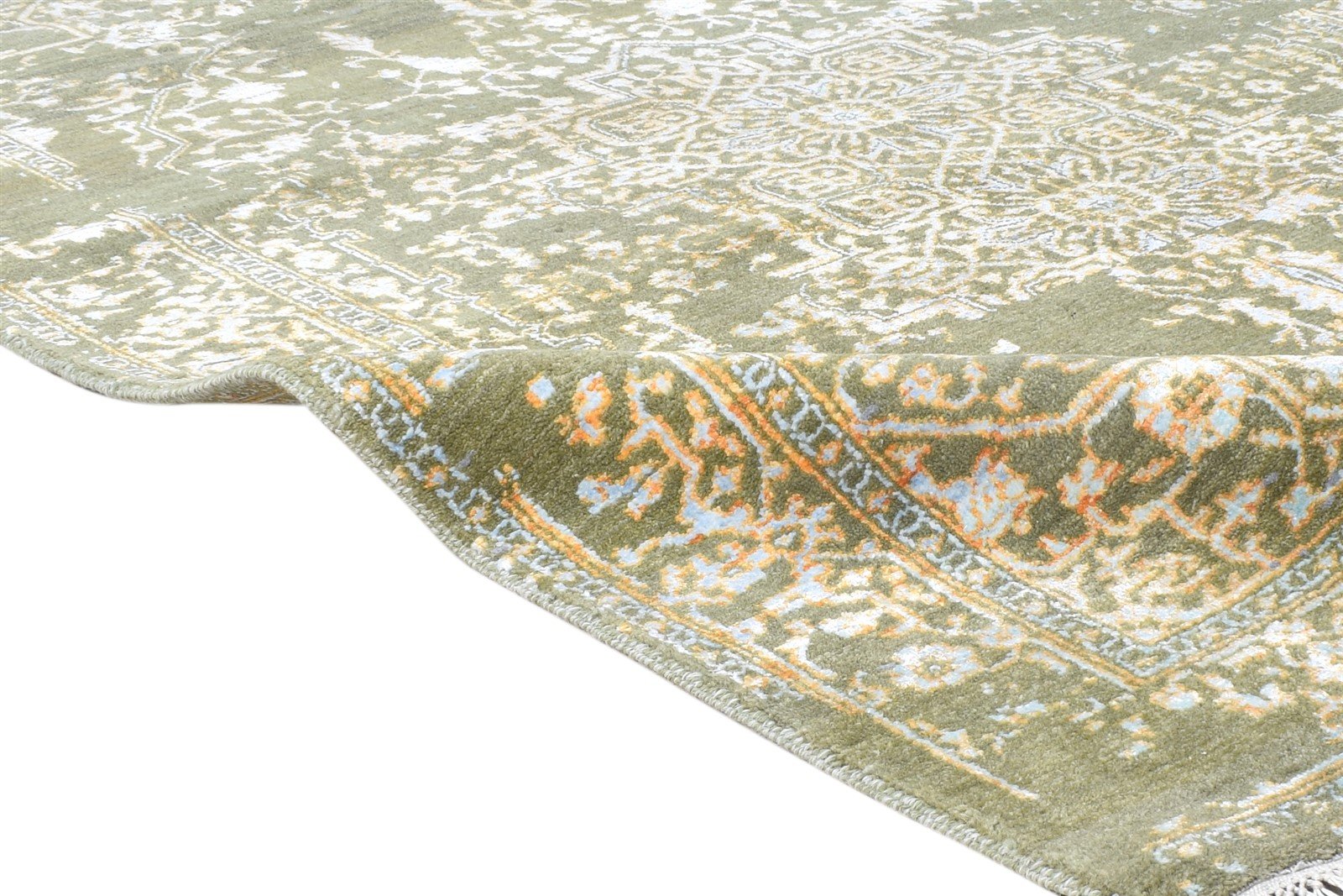 Hand Knotted Green Wool / Silk Rug 4X6 Modern Heriz-Indian Abstract Room Size  Area Rug 