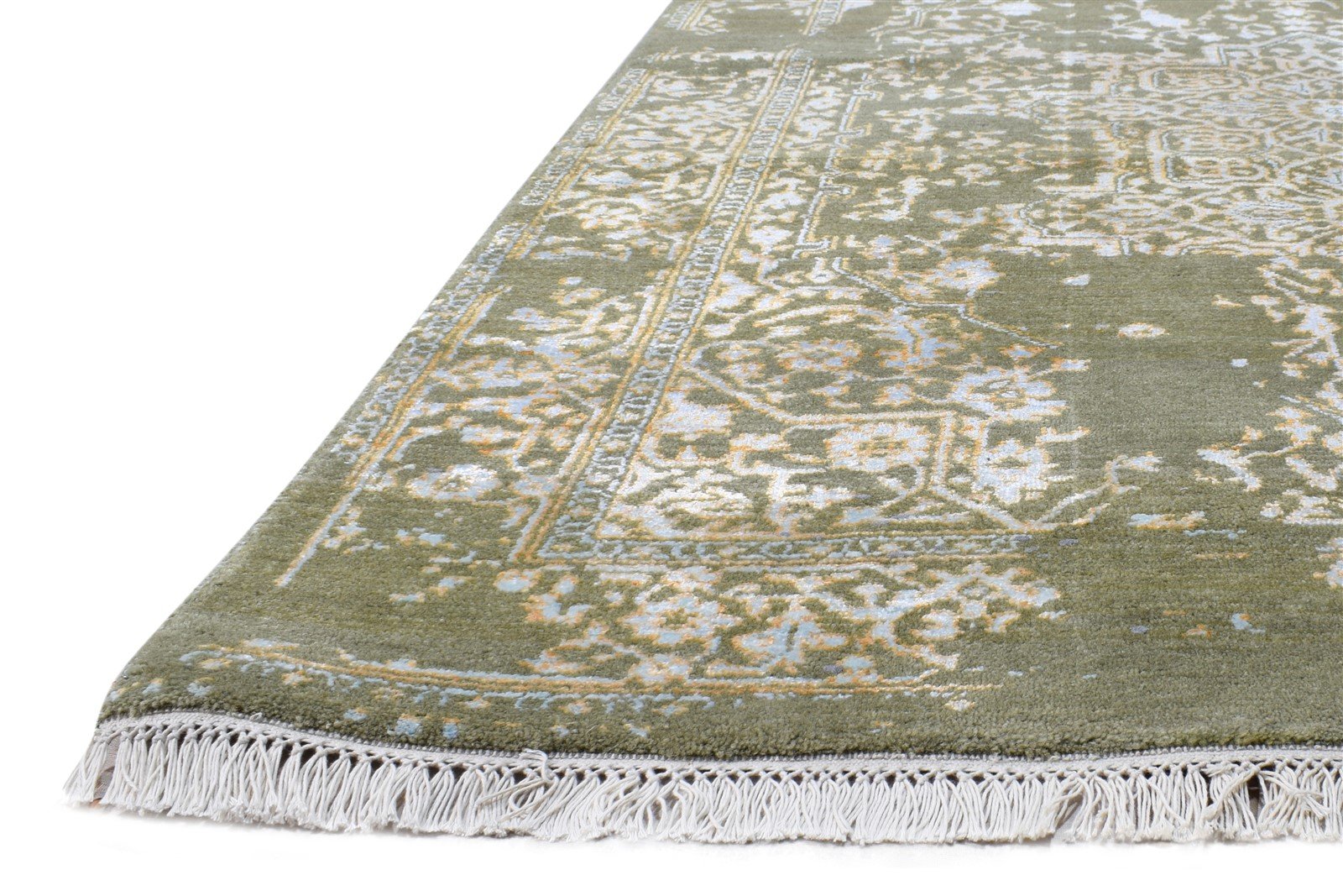 Hand Knotted Green Wool / Silk Rug 4X6 Modern Heriz-Indian Abstract Room Size  Area Rug 