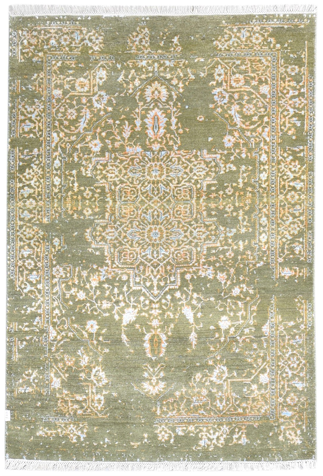 Hand Knotted Green Wool / Silk Rug 4X6 Modern Heriz-Indian Abstract Room Size  Area Rug 