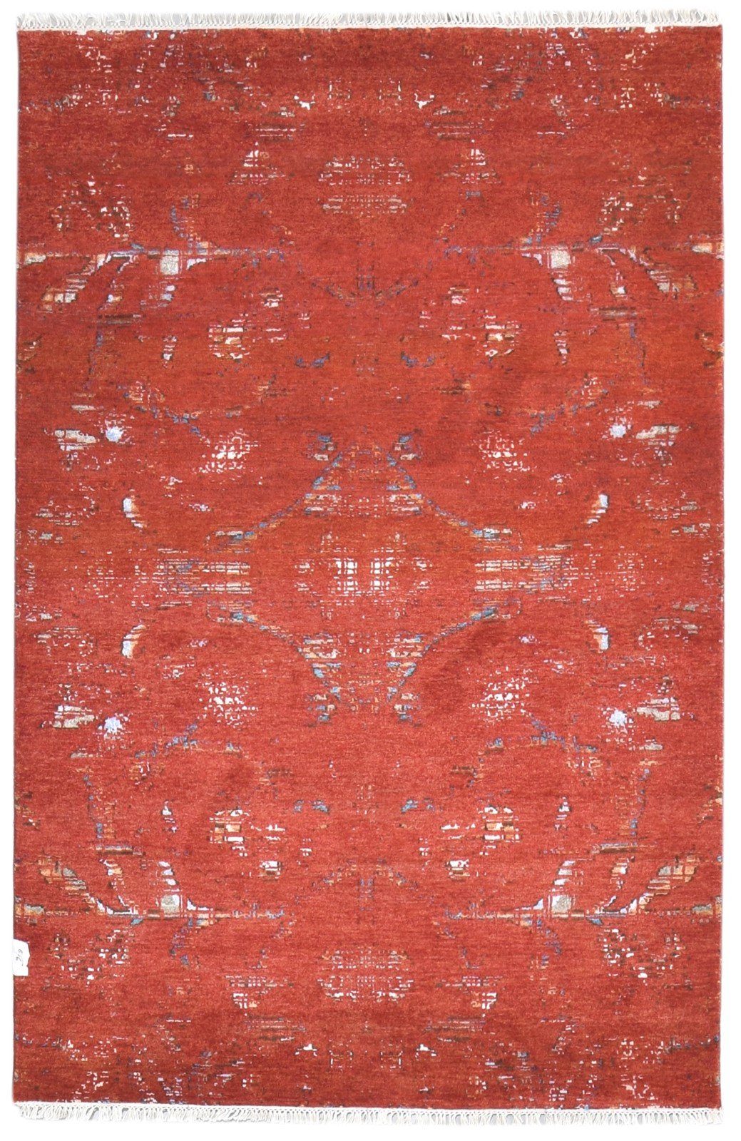 Wool / Silk Red Rug 4X6 Modern Hand Knotted Oriental Abstract Room Size Carpet 