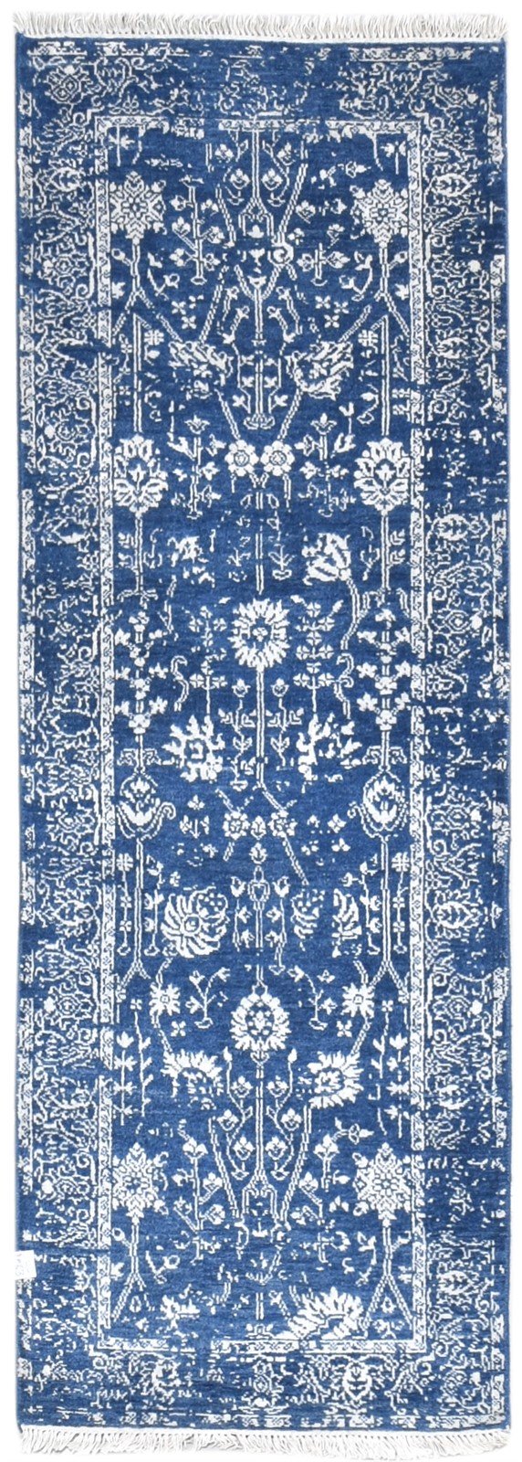 Blue Wool / Silk Rug 2' X 6' Modern Hand Knotted Oushak Abstract Small Runner 