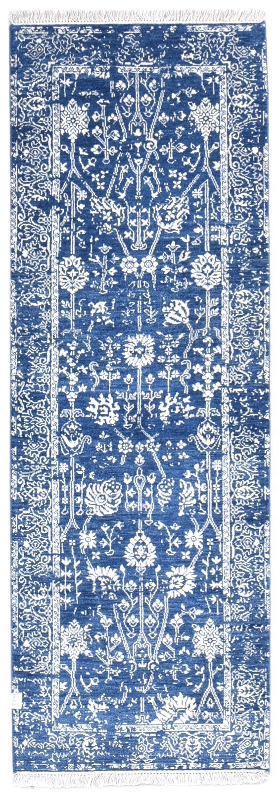 Hand Knotted Blue Wool / Silk Rug 2' X 6' Modern Oushak Abstract Small Runner 