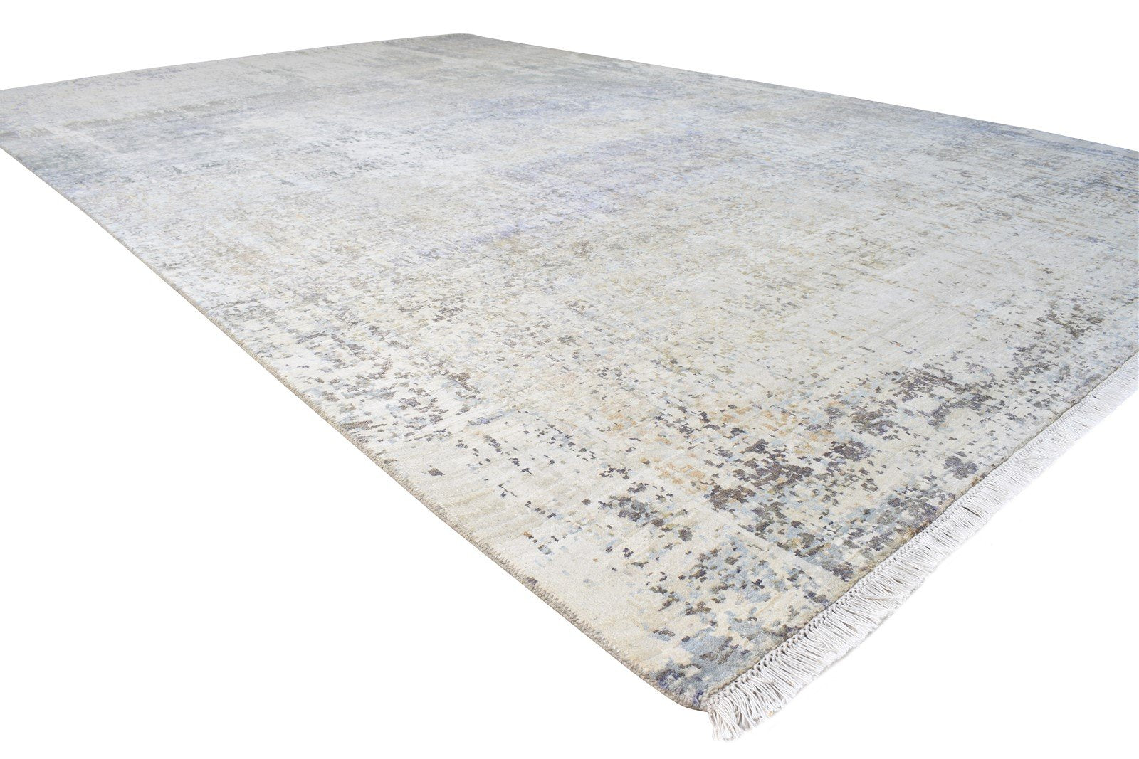 Beige Wool / Silk Rug 9X14 Modern Hand Knotted American Abstract Large Carpet 