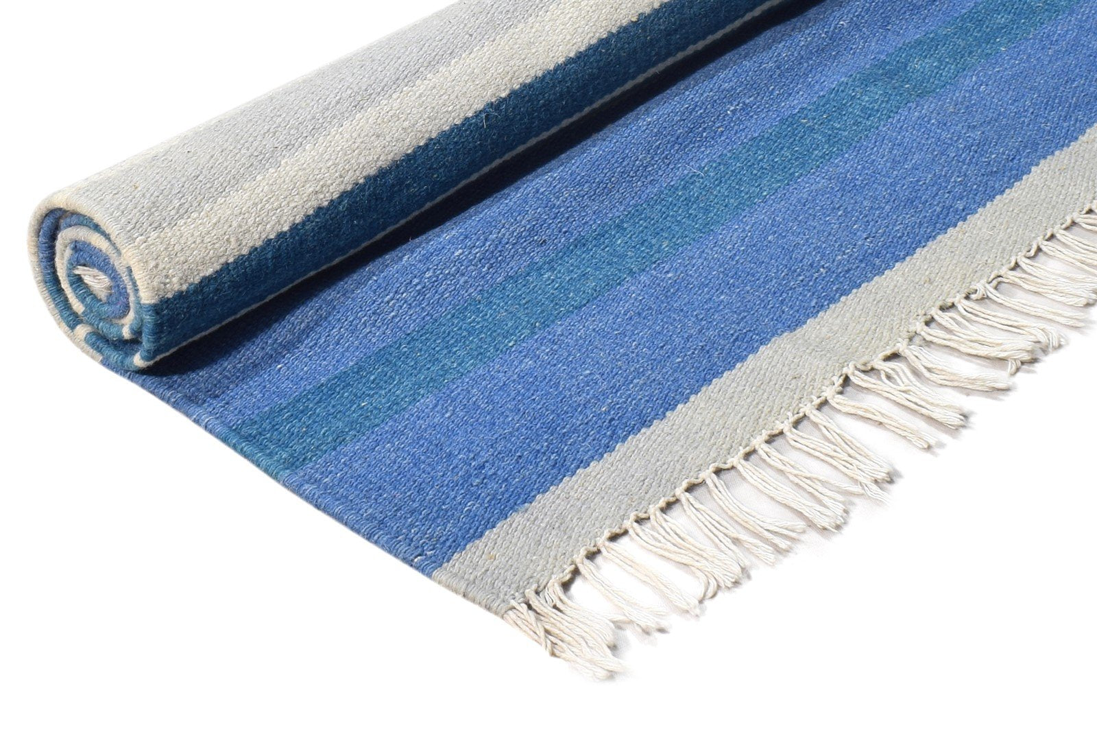 Dhurrie Blue Wool Rug 3' X 5' Modern Scandinavian Striped Room Size Carpet 