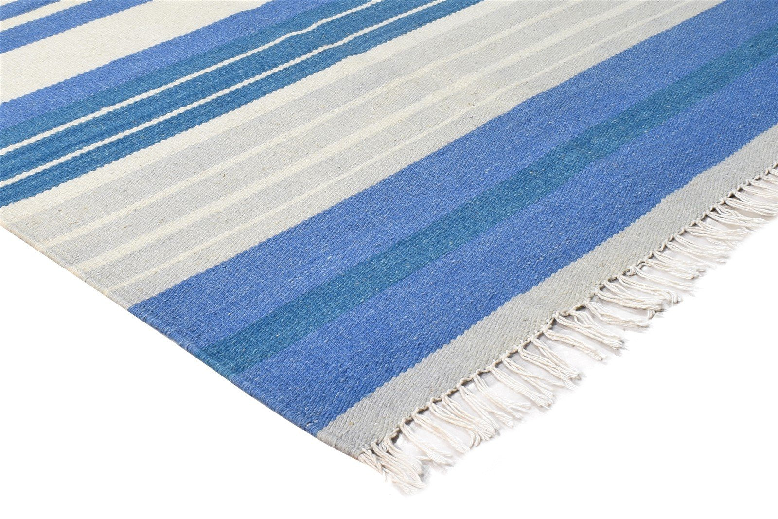 Dhurrie Blue Wool Rug 3' X 5' Modern Scandinavian Striped Room Size Carpet 