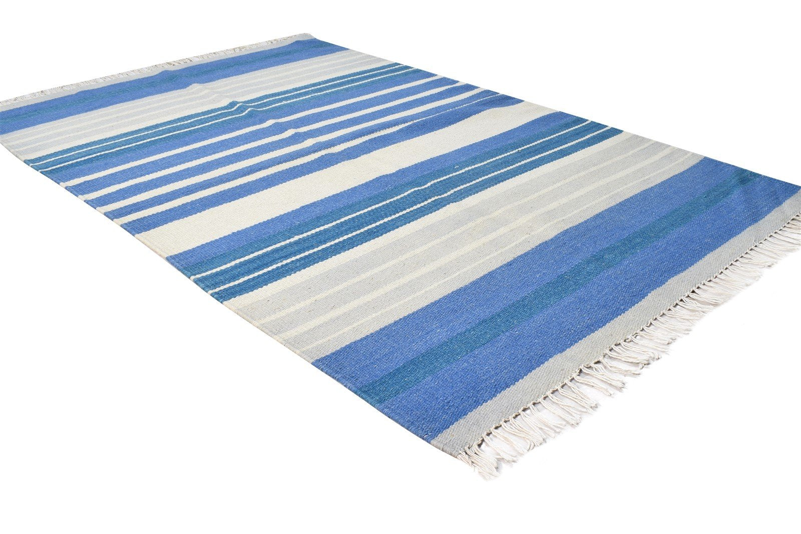 Dhurrie Blue Wool Rug 3' X 5' Modern Scandinavian Striped Room Size Carpet 