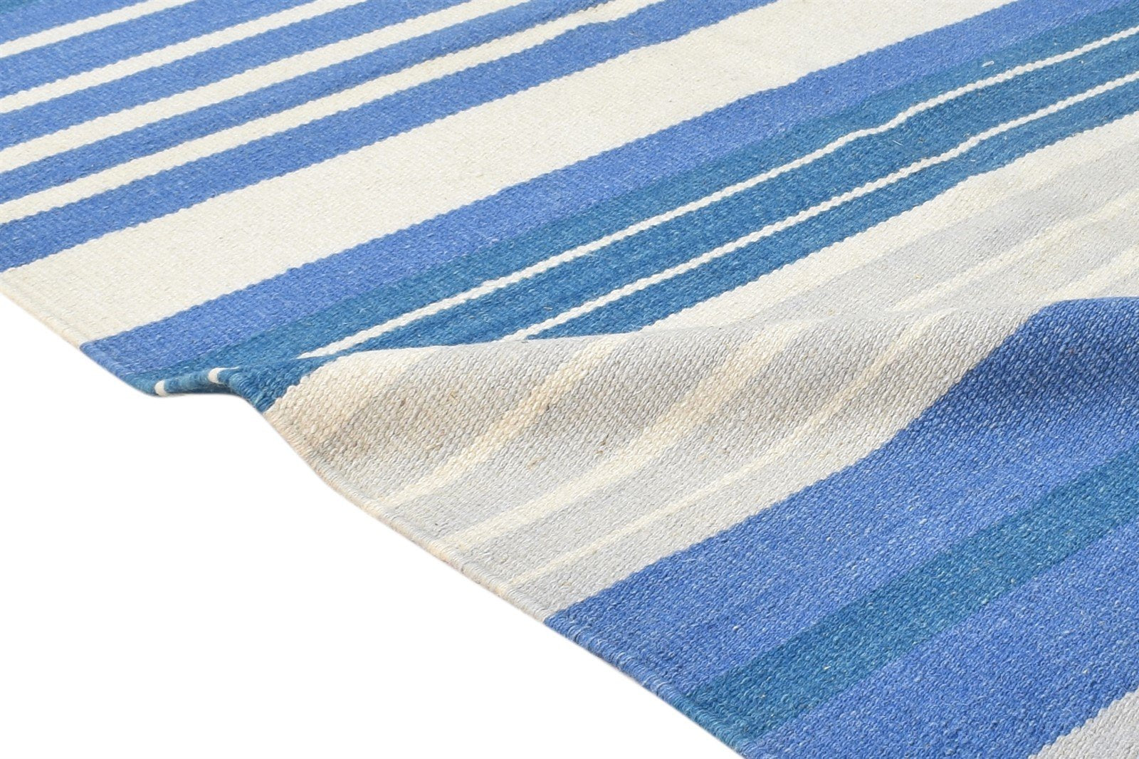 Dhurrie Blue Wool Rug 3' X 5' Modern Scandinavian Striped Room Size Carpet 