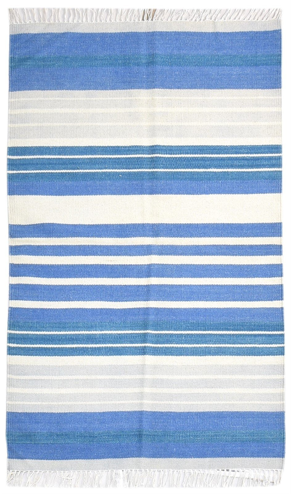 Dhurrie Blue Wool Rug 3' X 5' Modern Scandinavian Striped Room Size Carpet 