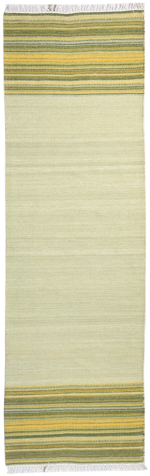 Wool Green Rug 2'6 X 8' Modern Dhurrie Scandinavian Striped Small Runner 