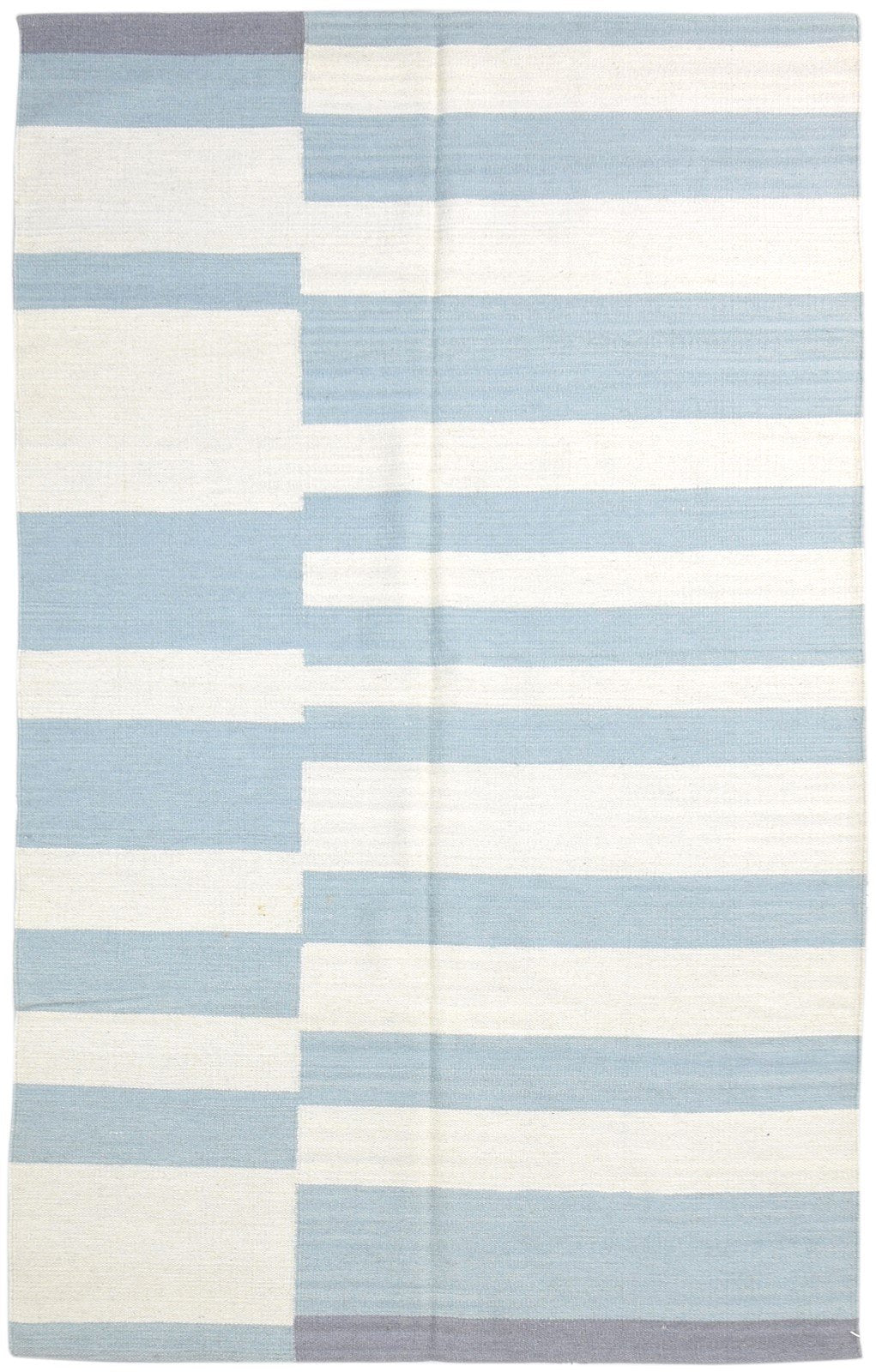 Wool Blue Rug 5' X 8' Modern Dhurrie Scandinavian Striped Room Size Carpet 