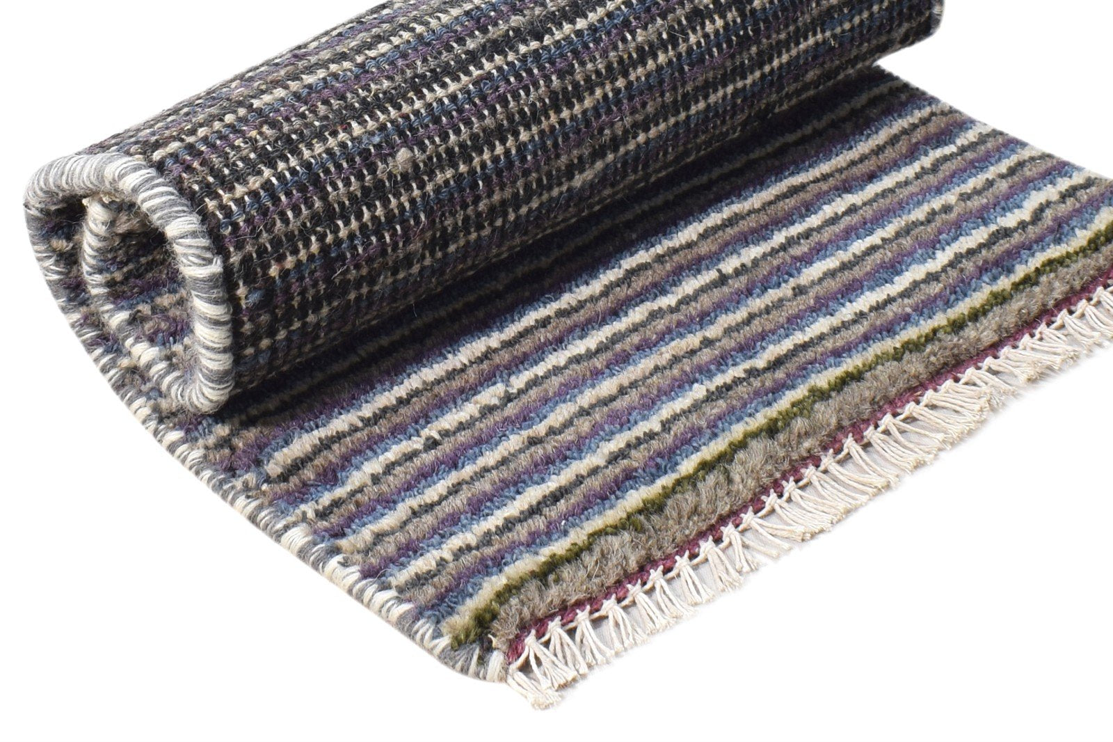 Charcoal Wool Rug 1' X 2' Modern Hand Knotted American Striped Small Carpet 