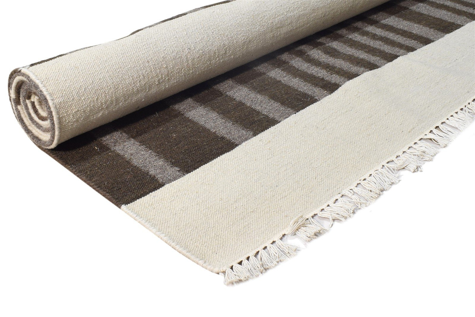 Wool Brown Rug 9' X 11' Modern Dhurrie Scandinavian Striped Large Carpet 