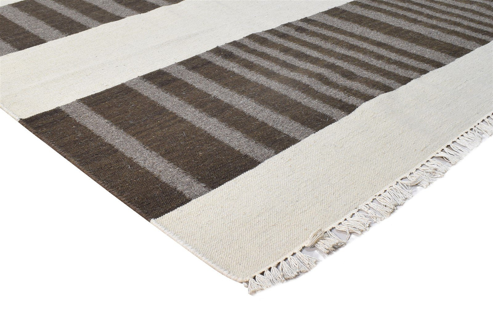 Wool Brown Rug 9' X 11' Modern Dhurrie Scandinavian Striped Large Carpet 