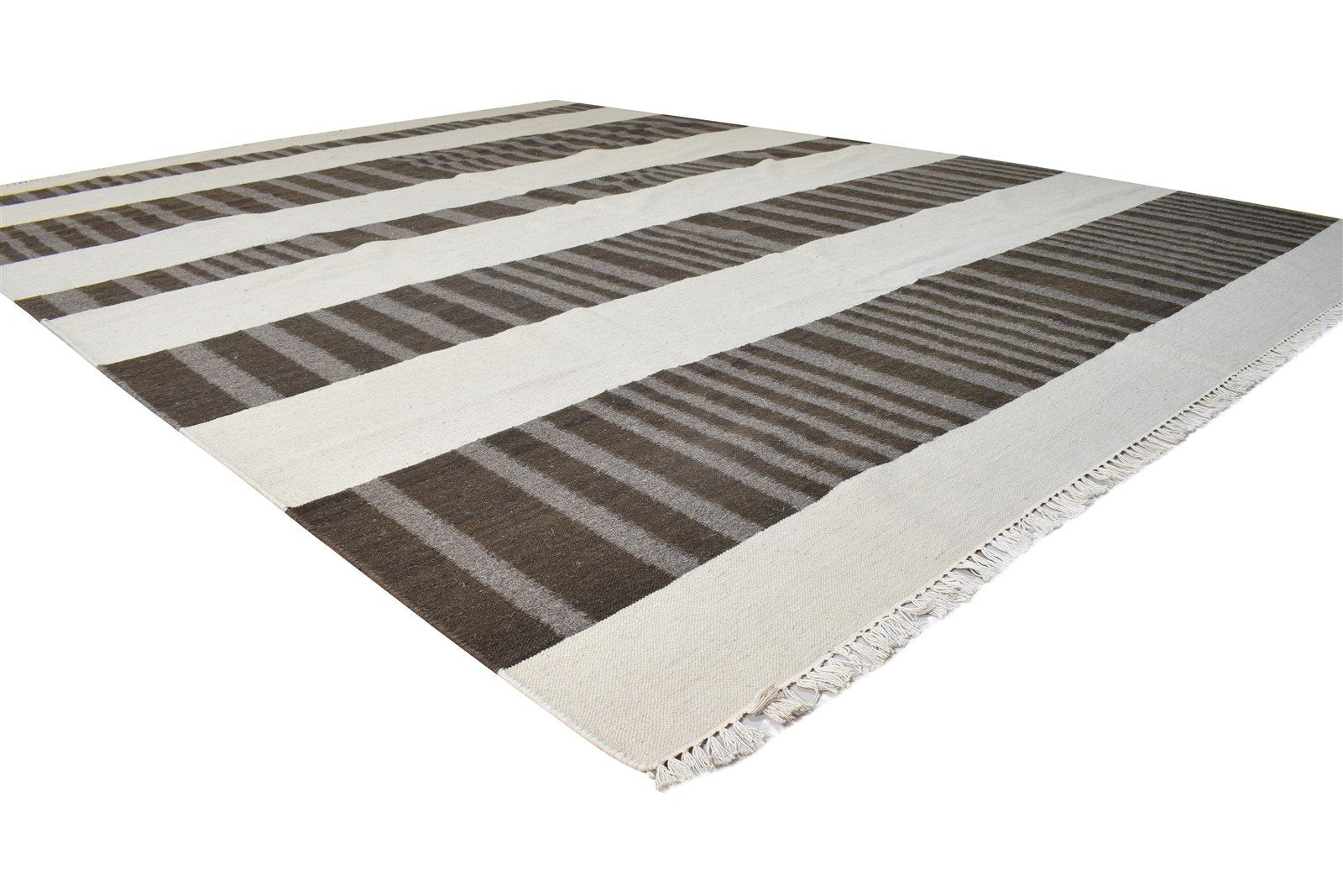 Wool Brown Rug 9' X 11' Modern Dhurrie Scandinavian Striped Large Carpet 