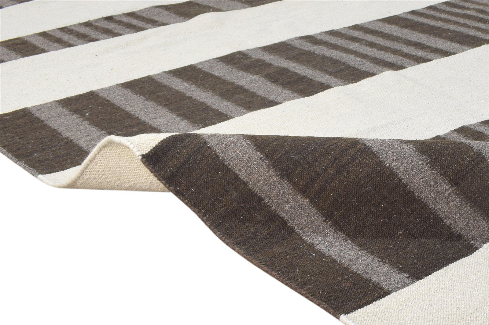 Wool Brown Rug 9' X 11' Modern Dhurrie Scandinavian Striped Large Carpet 