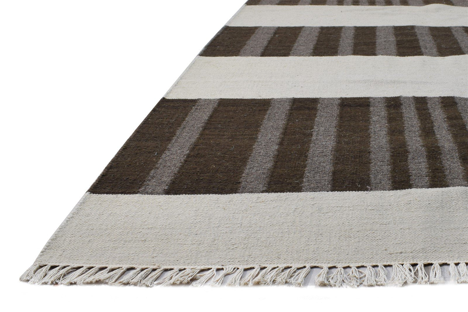 Wool Brown Rug 9' X 11' Modern Dhurrie Scandinavian Striped Large Carpet 