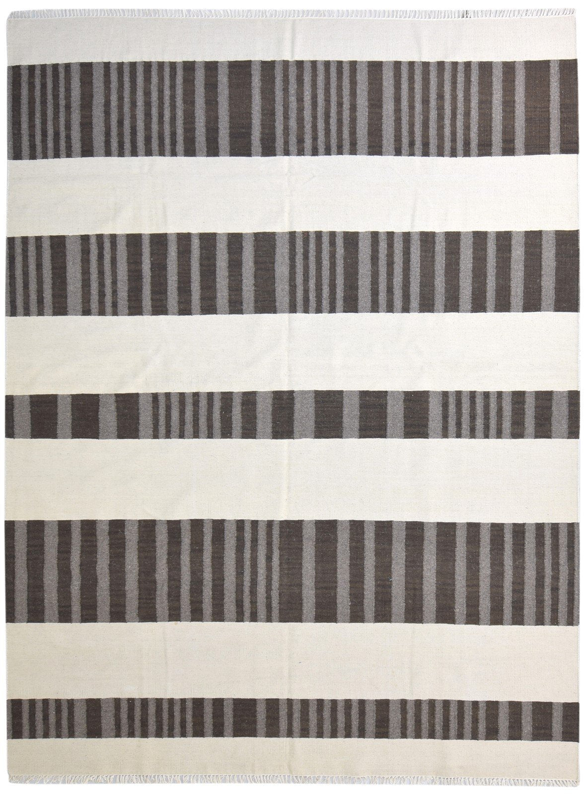 Wool Brown Rug 9' X 11' Modern Dhurrie Scandinavian Striped Large Carpet 