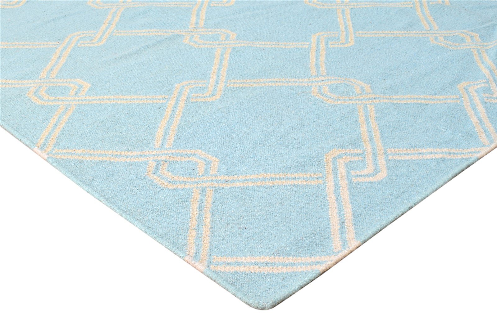 Dhurrie Blue Wool Rug 8' X 11' Modern Moroccan Trellis Large Carpet 