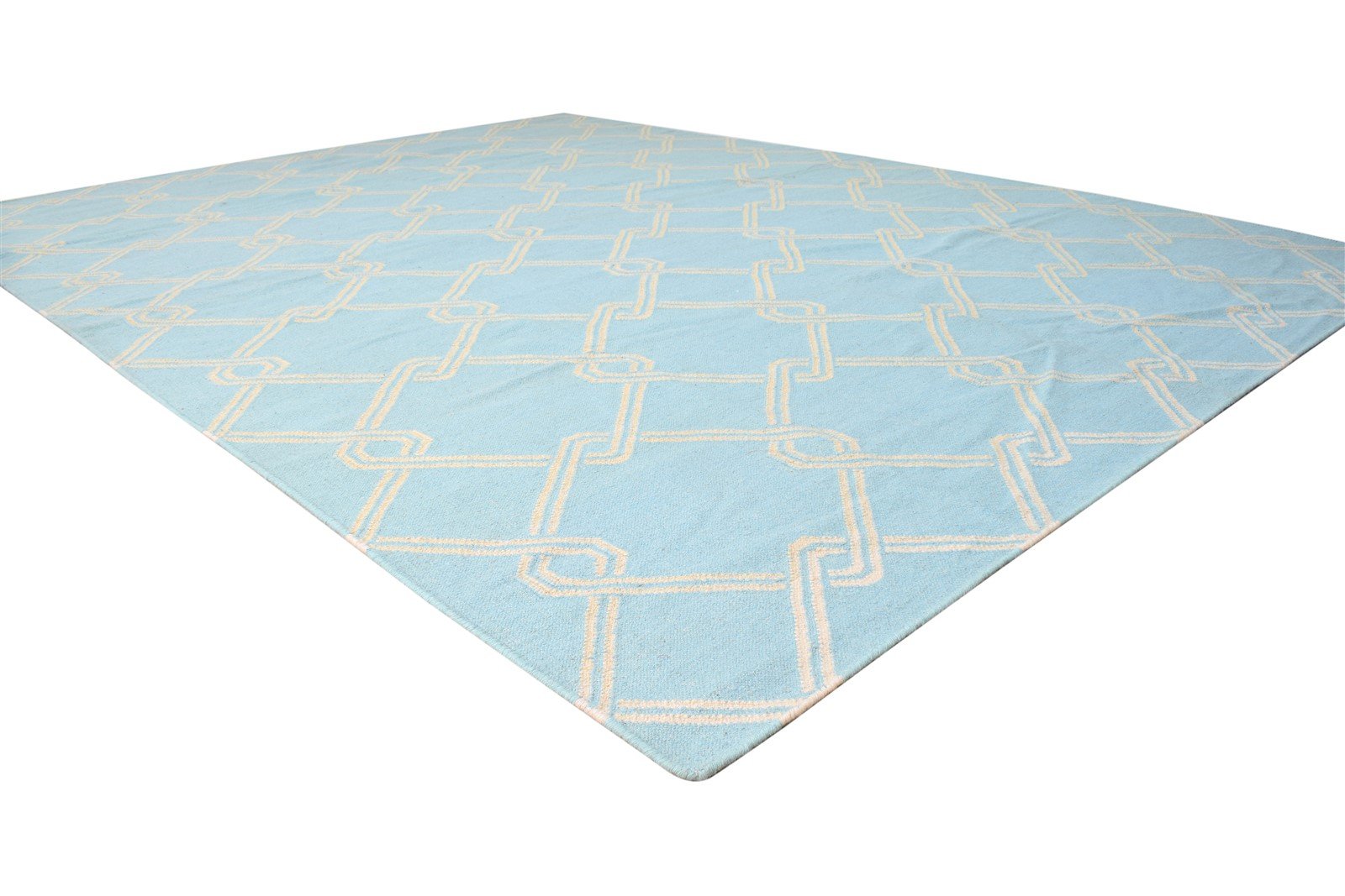 Dhurrie Blue Wool Rug 8' X 11' Modern Moroccan Trellis Large Carpet 