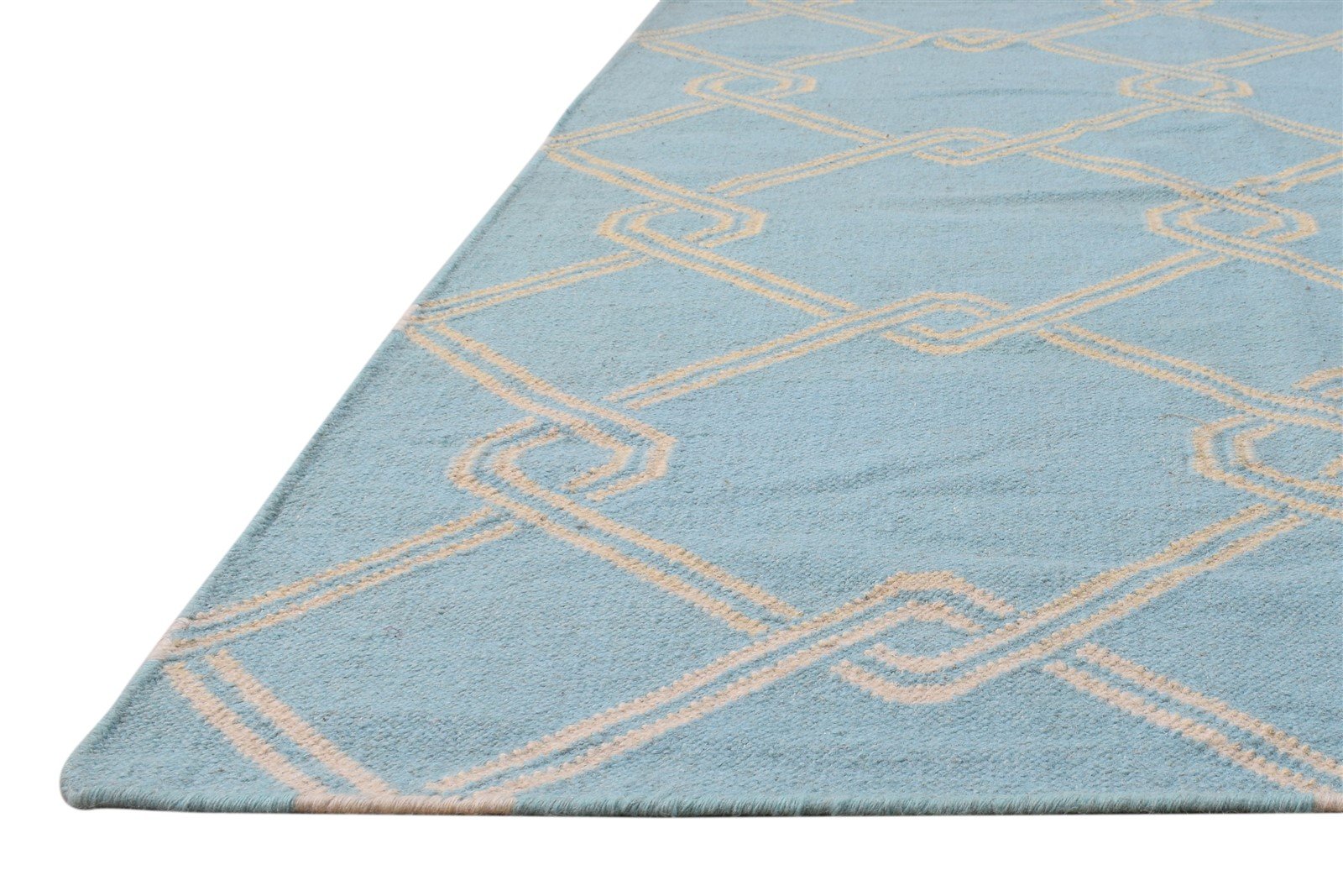 Dhurrie Blue Wool Rug 8' X 11' Modern Moroccan Trellis Large Carpet 