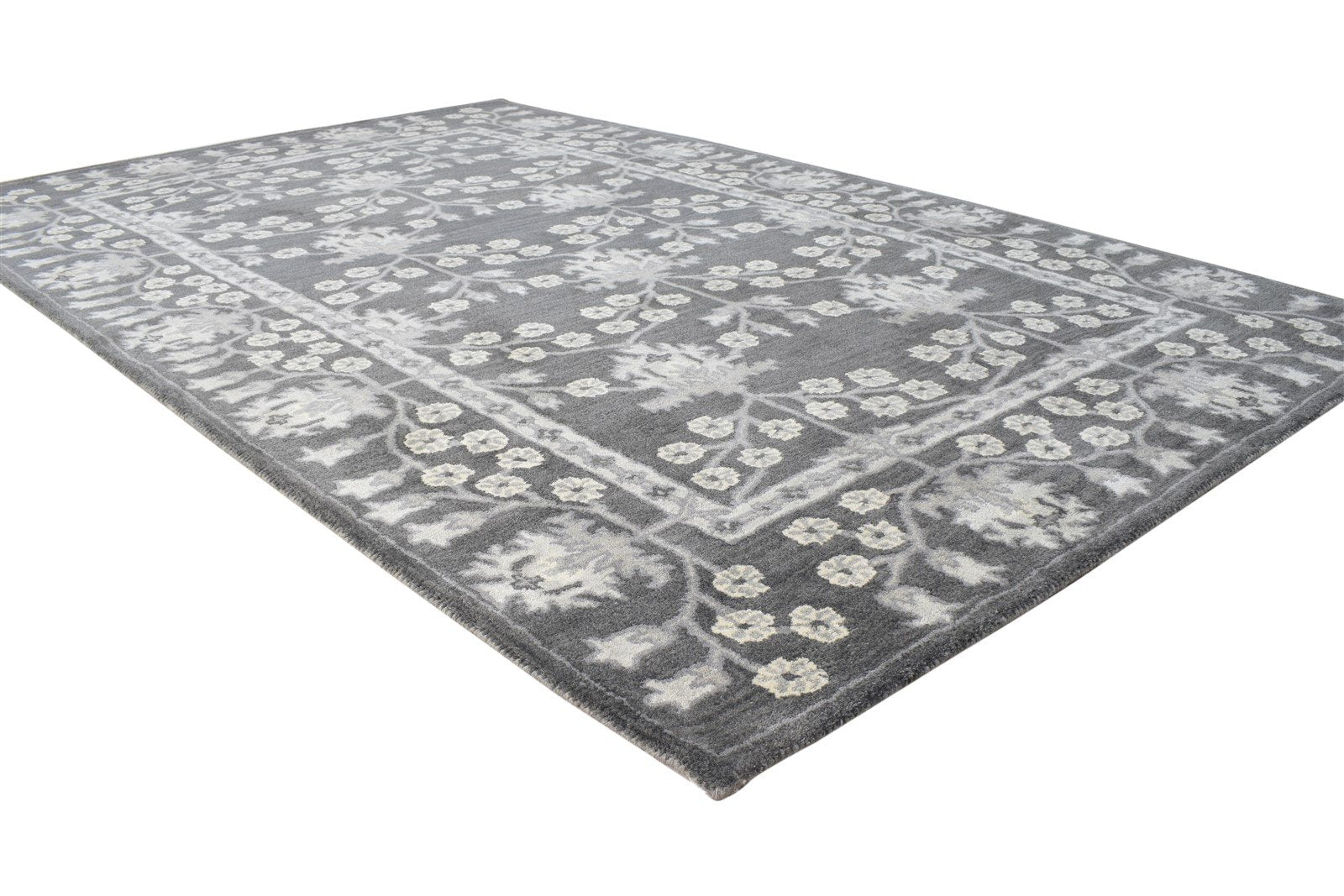 Wool Charcoal Rug 5X8 Persian Hand Tufted Sarouk-Indian Floral Room Size Carpet 