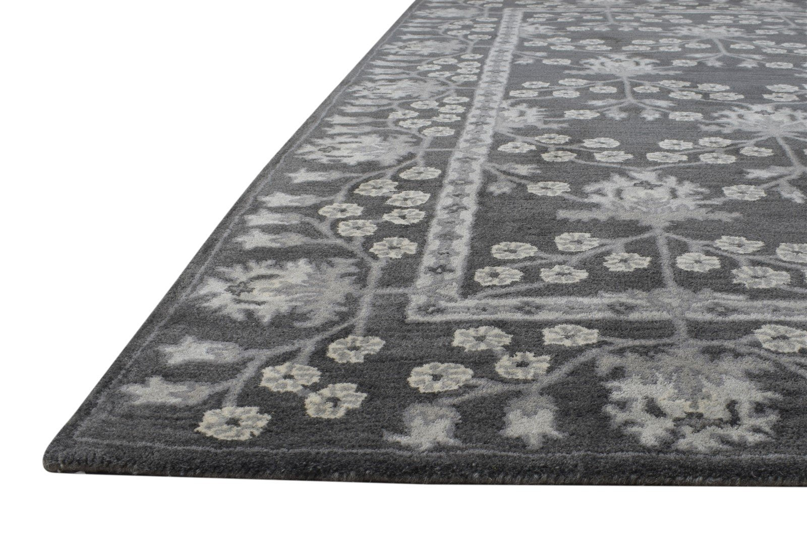 Wool Charcoal Rug 5X8 Persian Hand Tufted Sarouk-Indian Floral Room Size Carpet 