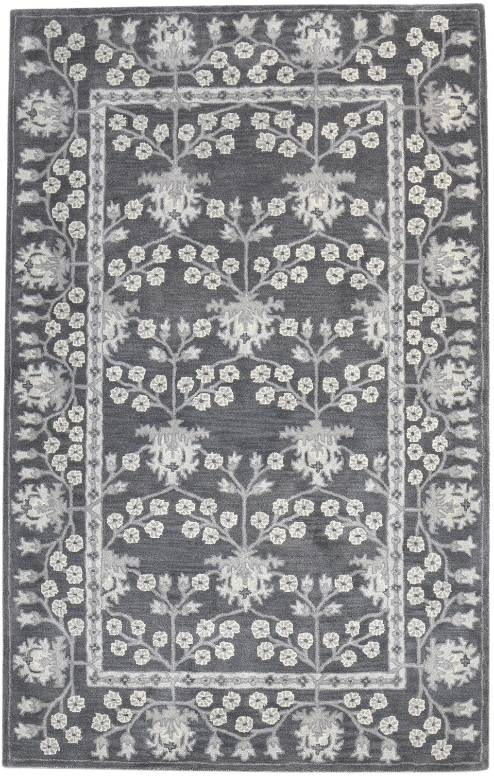 Wool Charcoal Rug 5X8 Persian Hand Tufted Sarouk-Indian Floral Room Size Carpet 