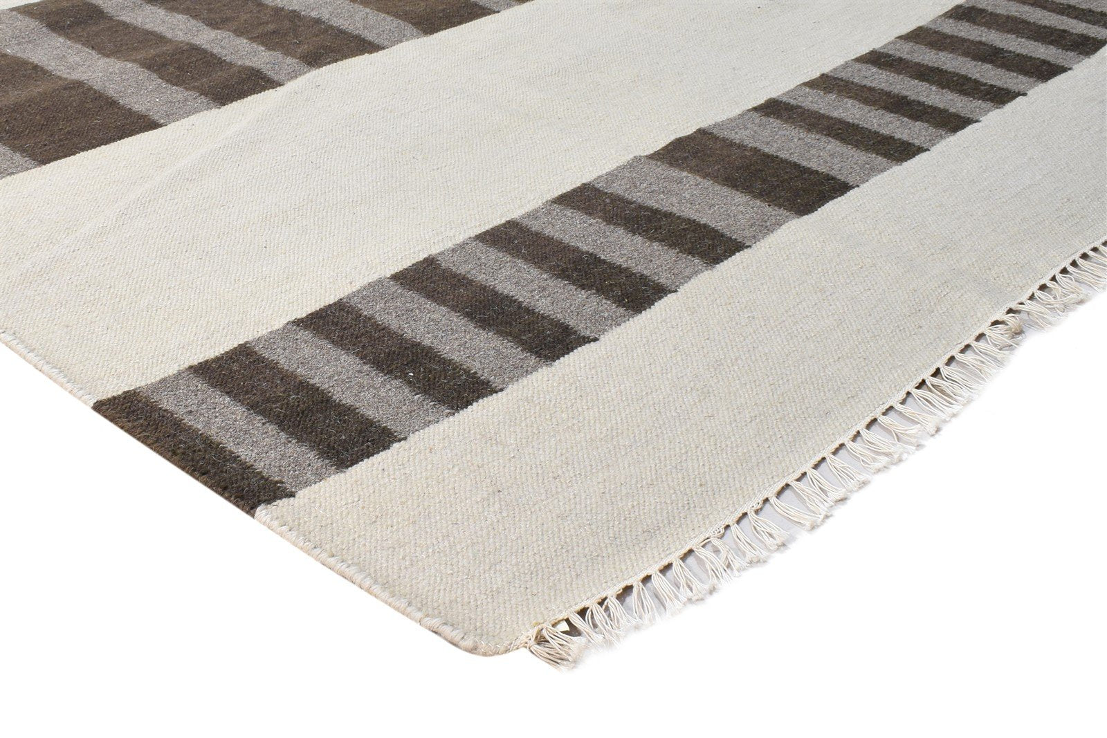 Wool Brown Rug 8' X 11' Modern Dhurrie Scandinavian Striped Large Carpet 