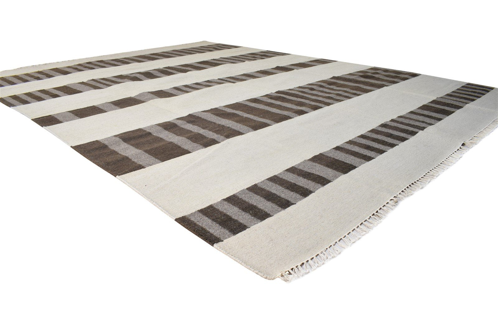 Wool Brown Rug 8' X 11' Modern Dhurrie Scandinavian Striped Large Carpet 