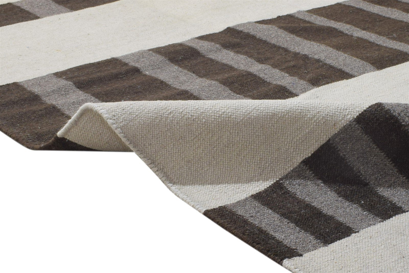 Wool Brown Rug 8' X 11' Modern Dhurrie Scandinavian Striped Large Carpet 