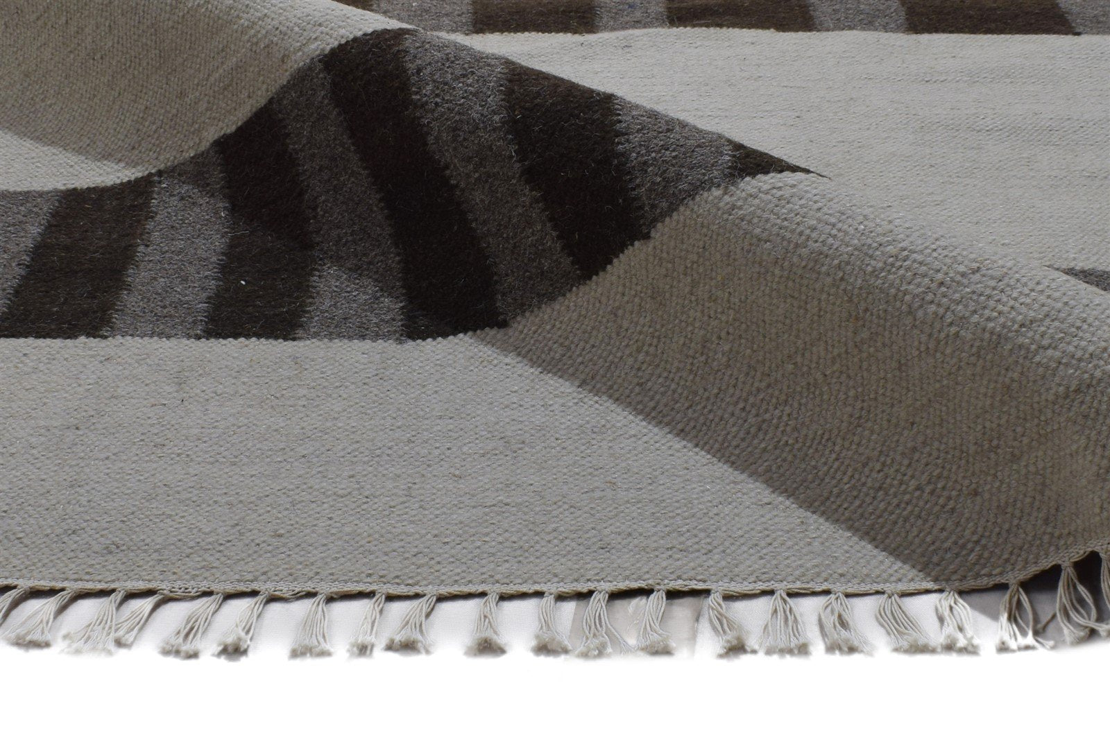 Wool Brown Rug 8' X 11' Modern Dhurrie Scandinavian Striped Large Carpet 