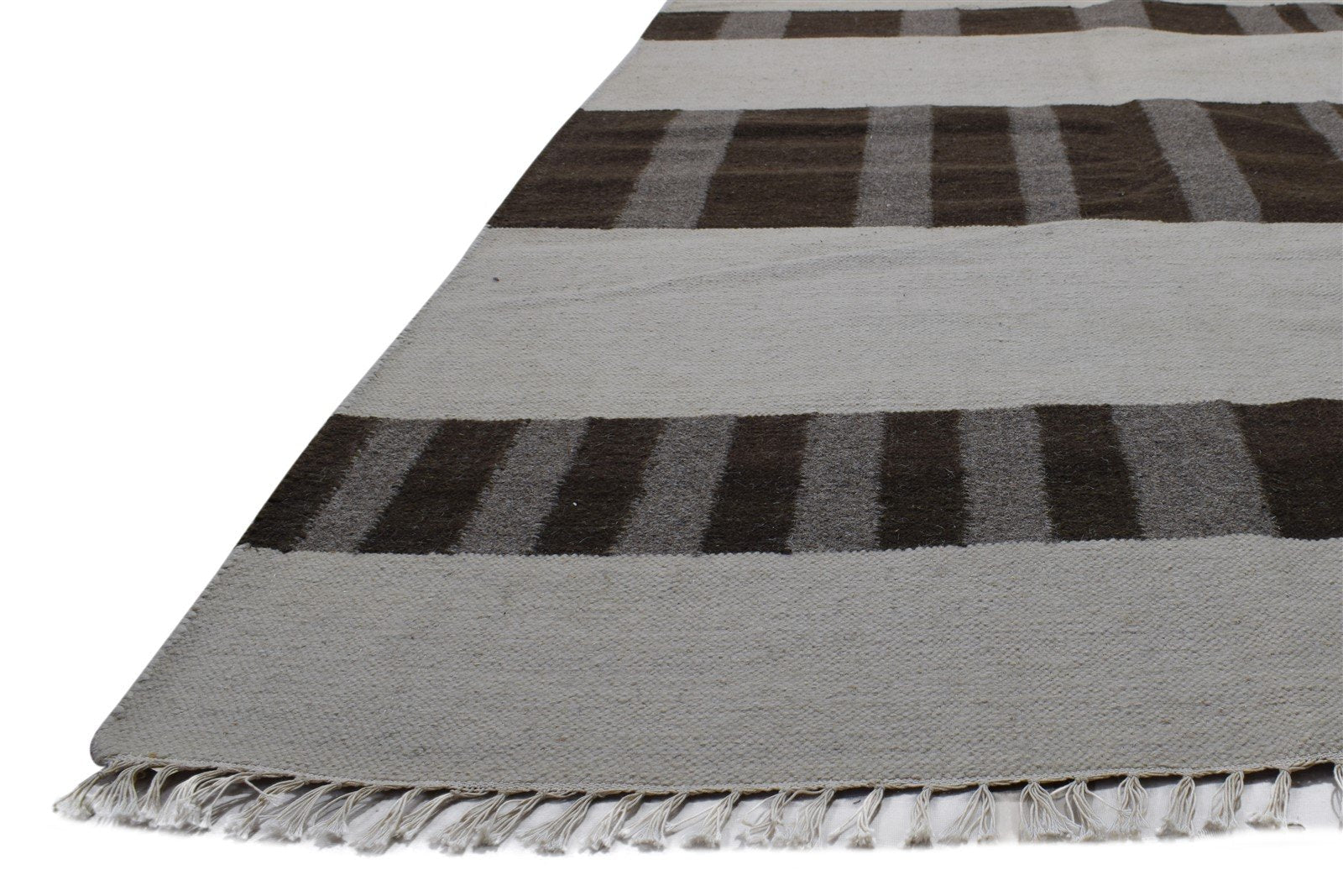 Wool Brown Rug 8' X 11' Modern Dhurrie Scandinavian Striped Large Carpet 