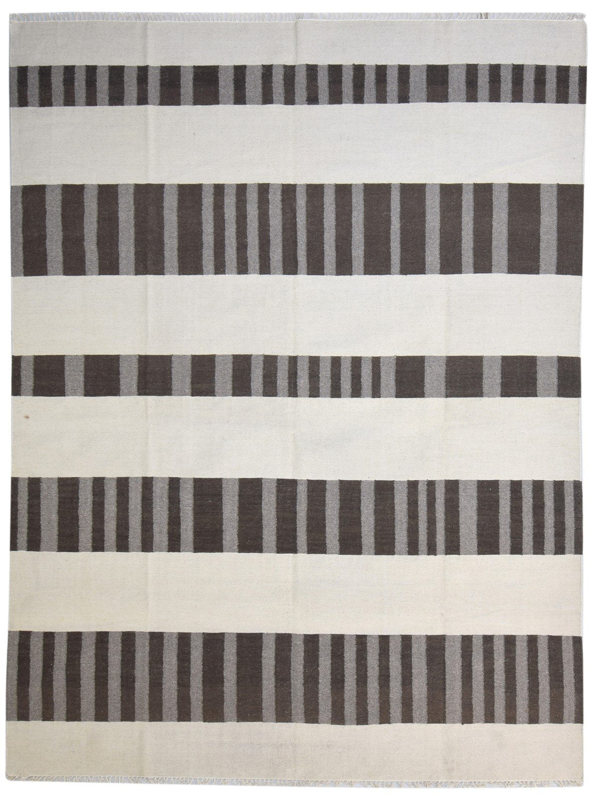 Wool Brown Rug 8' X 11' Modern Dhurrie Scandinavian Striped Large Carpet 