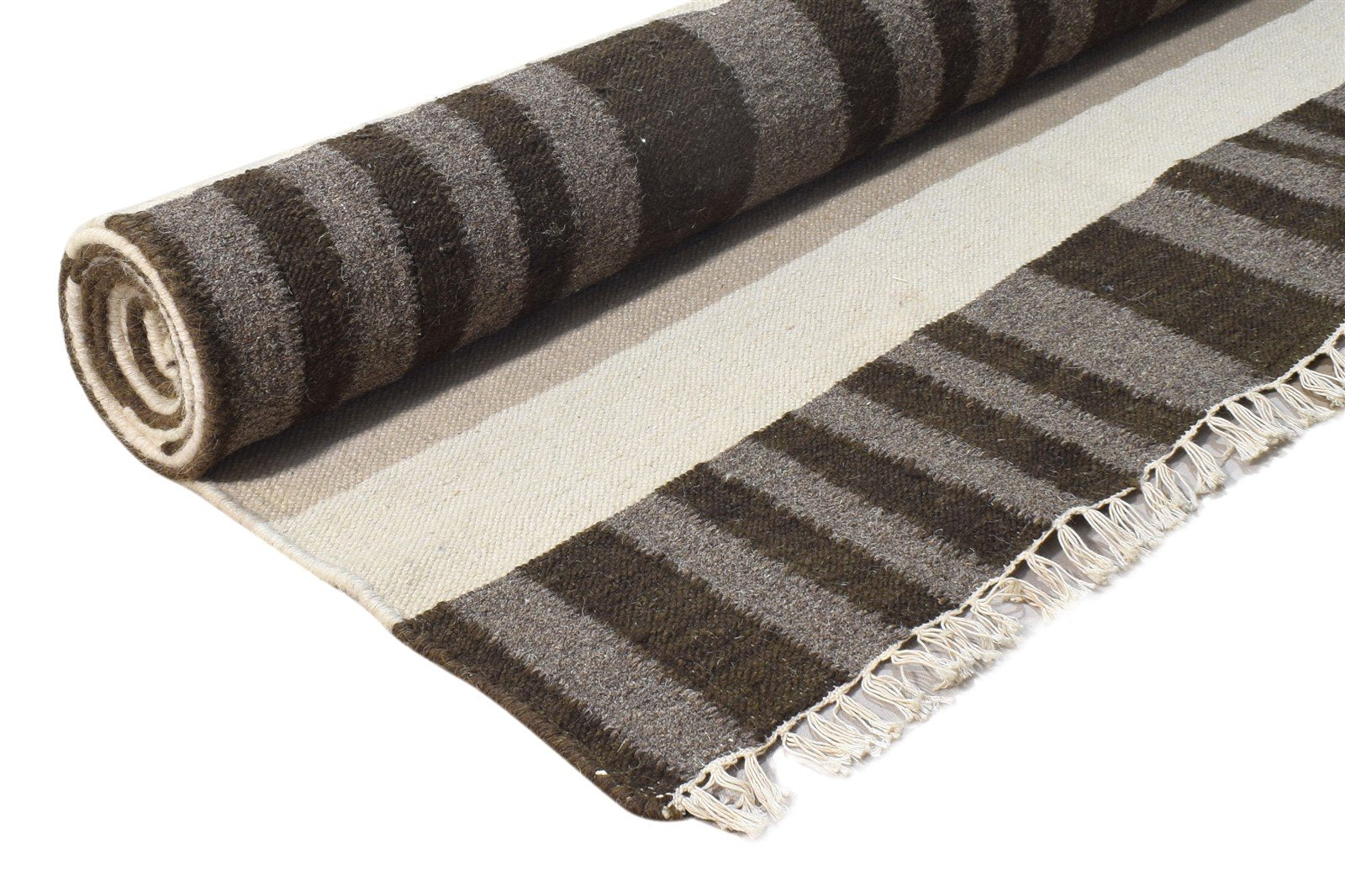 Brown Wool Rug 8' X 10' Modern Dhurrie Scandinavian Striped Large Carpet 