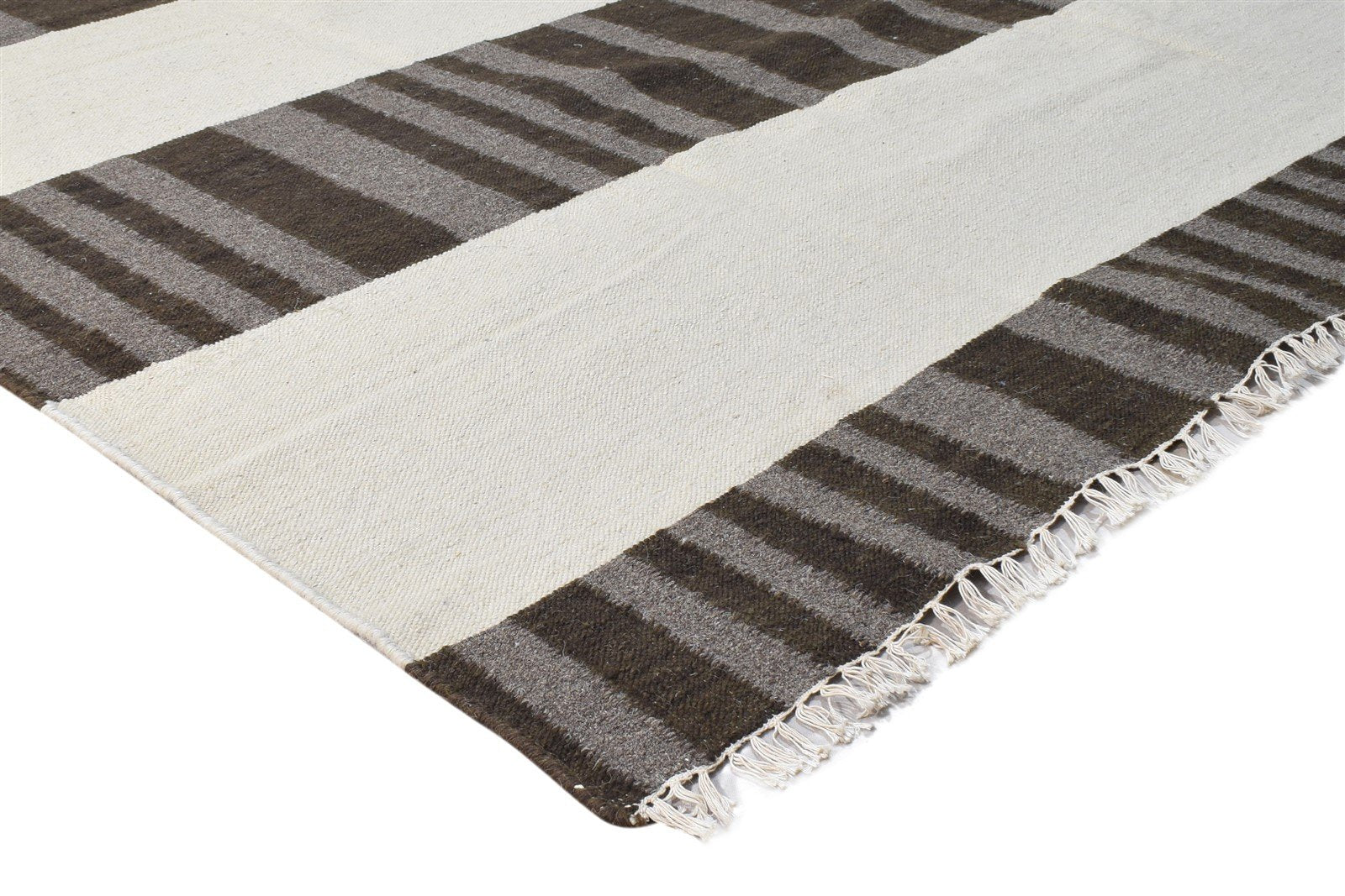 Brown Wool Rug 8' X 10' Modern Dhurrie Scandinavian Striped Large Carpet 