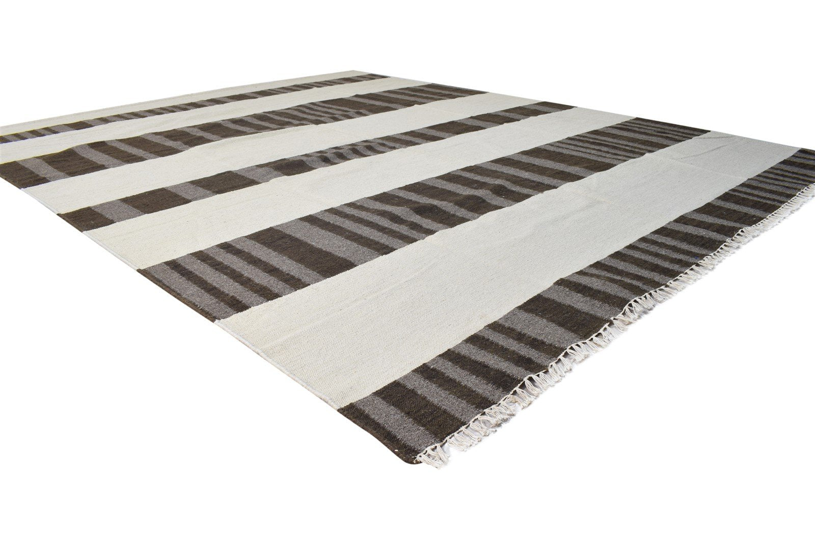 Brown Wool Rug 8' X 10' Modern Dhurrie Scandinavian Striped Large Carpet 