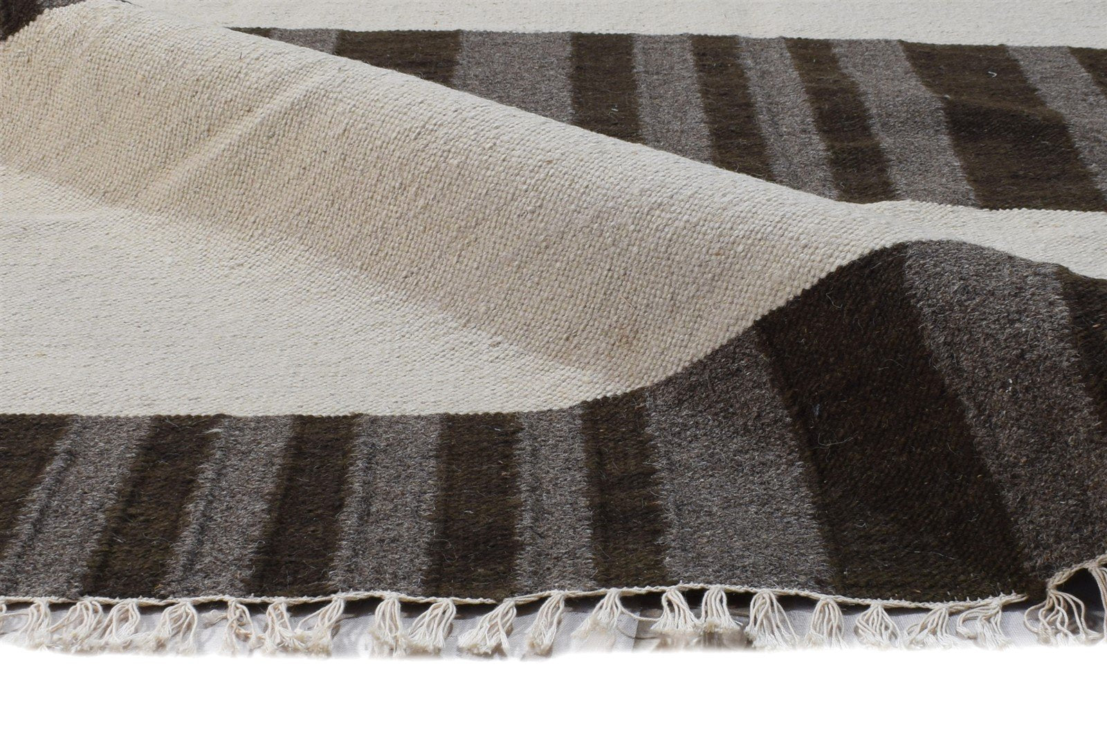 Brown Wool Rug 8' X 10' Modern Dhurrie Scandinavian Striped Large Carpet 