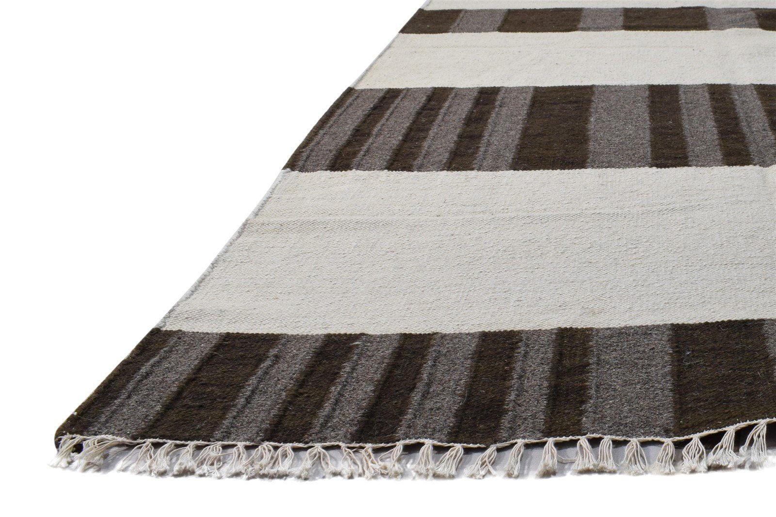 Brown Wool Rug 8' X 10' Modern Dhurrie Scandinavian Striped Large Carpet 