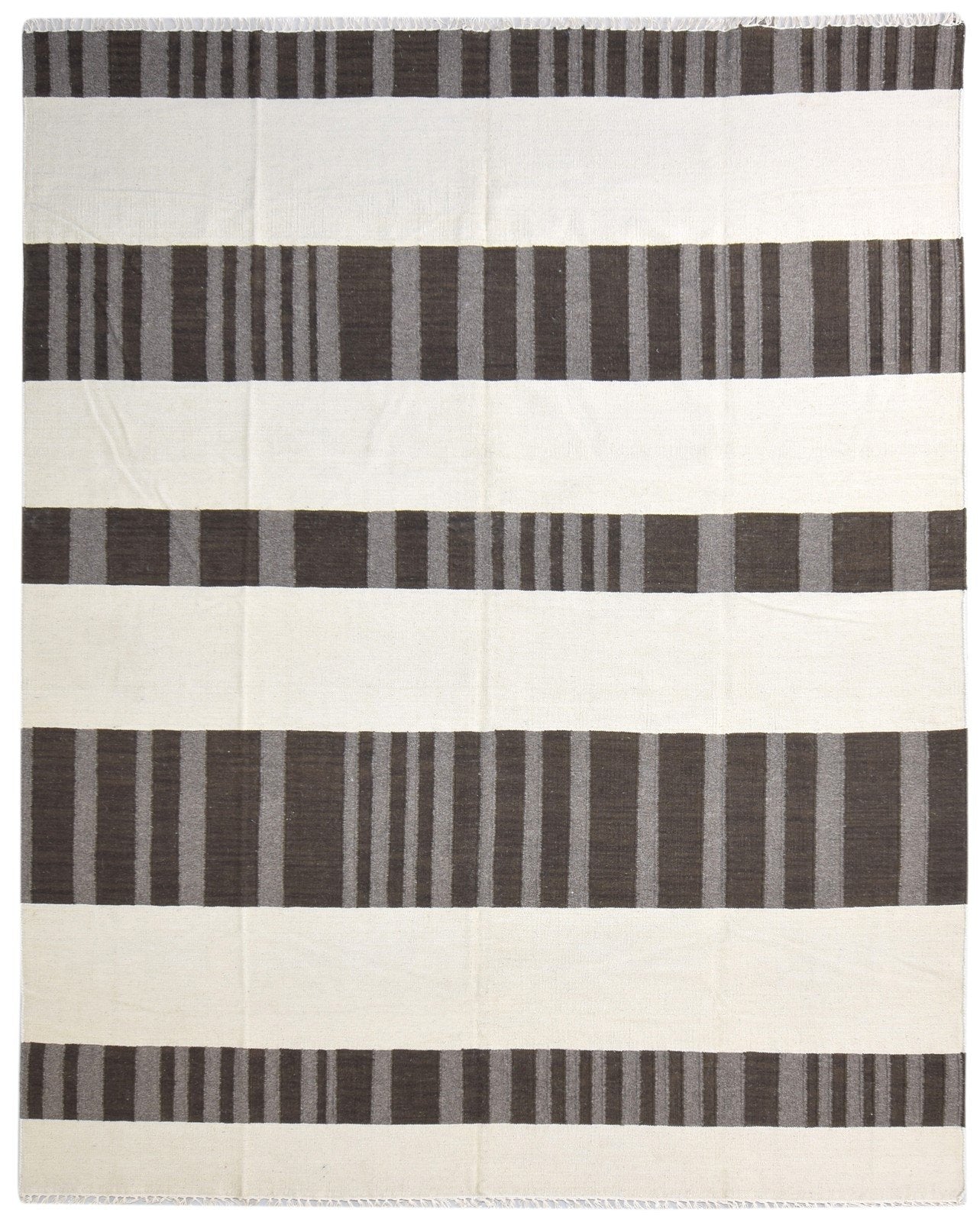 Brown Wool Rug 8' X 10' Modern Dhurrie Scandinavian Striped Large Carpet 