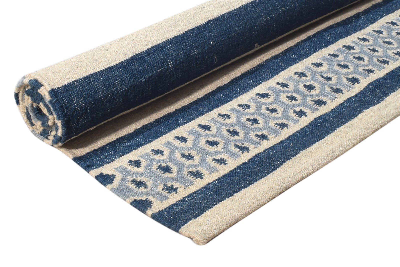 5' X 8' Rug Wool Blue Modern Dhurrie Scandinavian Striped Room Size Carpet 