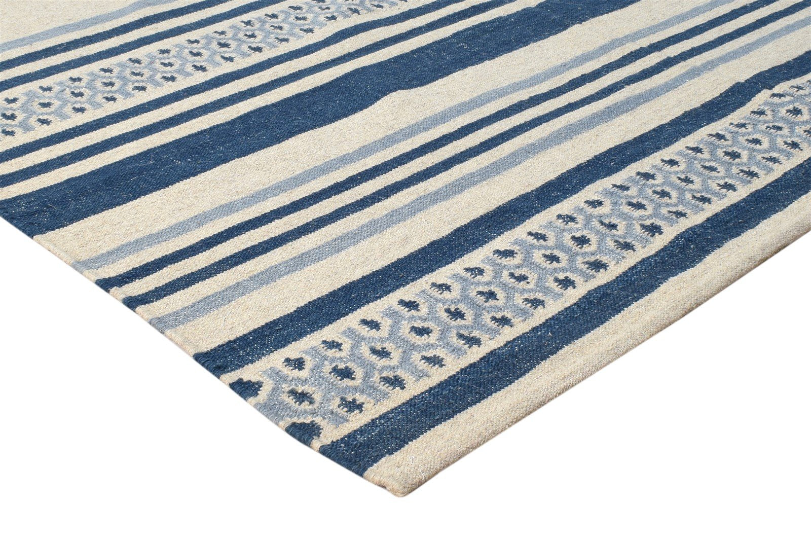 5' X 8' Rug Wool Blue Modern Dhurrie Scandinavian Striped Room Size Carpet 