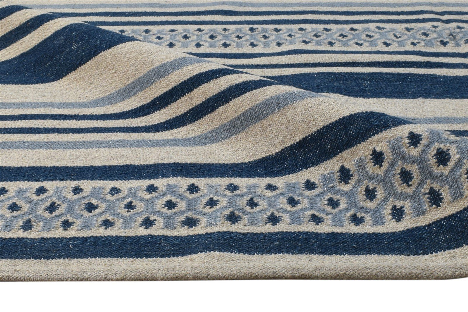 5' X 8' Rug Wool Blue Modern Dhurrie Scandinavian Striped Room Size Carpet 