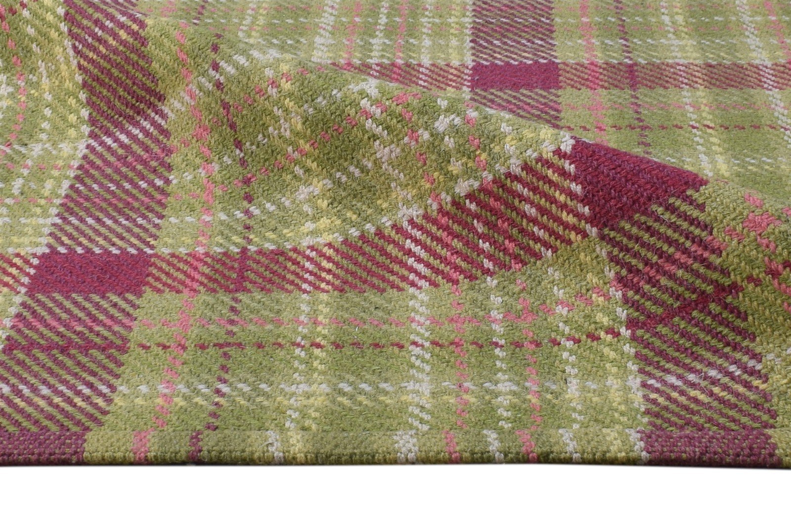 Green Wool Rug 4' X 6' Modern Dhurrie Scandinavian Plaids Room Size Carpet 